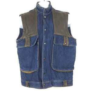 Vintage 80s Denim Faux Leather Mens Vest Large Snap Front Glam Rock Streetwear